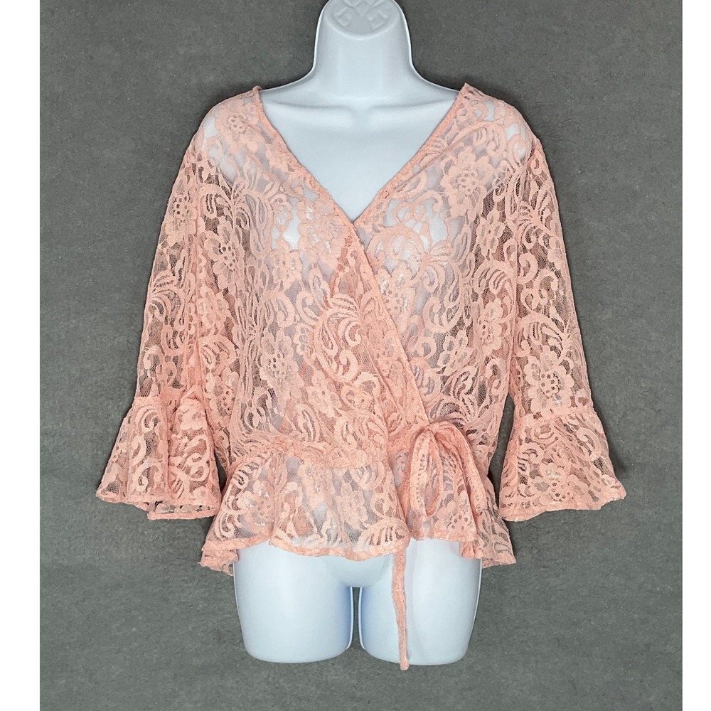 NY&C Lace Wrap Top Flared Sleeve Tie Waist Blouse Peach Pink Sz M Elegant Sheer